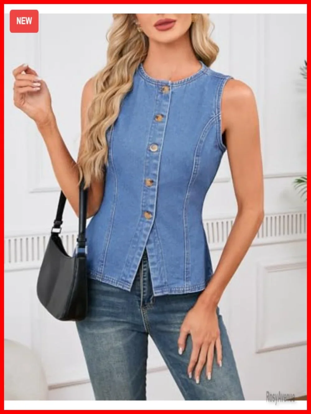 Sleeveless Fitted Denim Vest with Back Tie